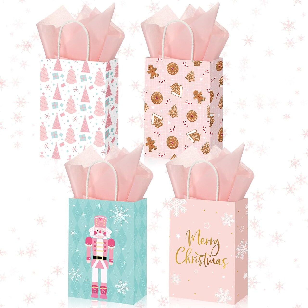 24 Pcs Pink Christmas Gift Bags with Tissue Paper Gingerbread Gift Bags Nutcracker Wrapping Bags with Handles for Xmas Holiday Winter Baby Shower Birthday Favor Gift Wrapping, 8 x 6 x 3 Inch